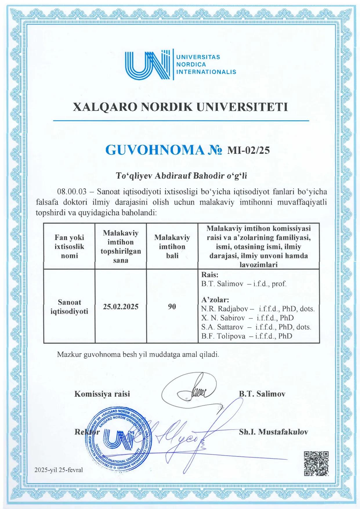 To‘qliyev Abdirauf Bahodir o‘g‘li