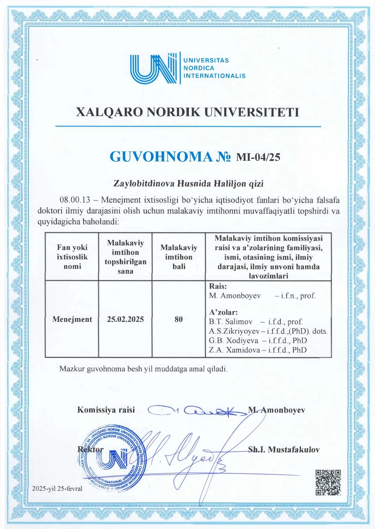 Zaylobitdinova Husnida Haliljon qizi