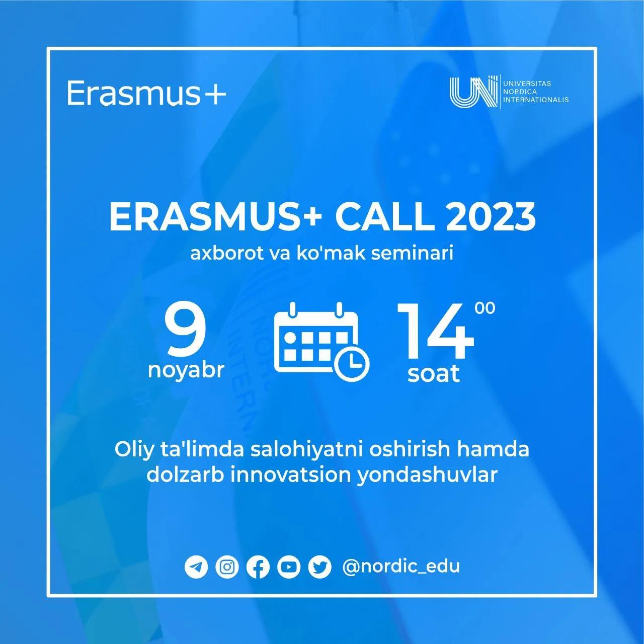 Erasmus+ axborot ko‘mak seminariga taklif etamiz!