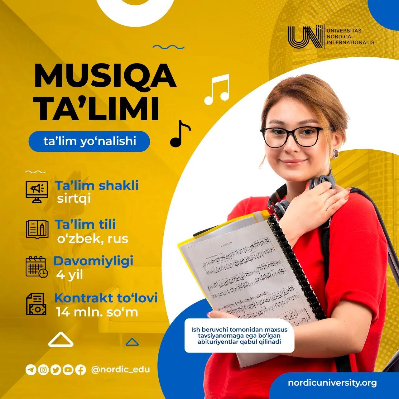 Musiqa ta'limi yo‘nalishi talabasi bo‘ling!
