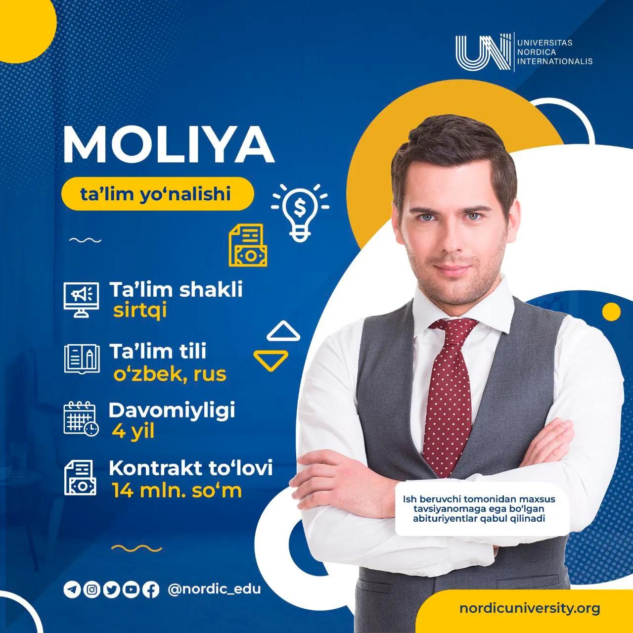 Moliya yo‘nalishimiz talabasi bo‘ling!